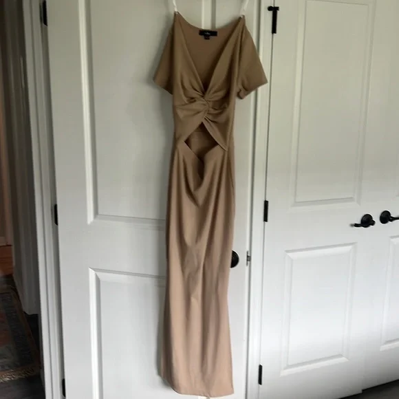 Lulus | Dresses | Style Twist Beige Twist Front Cutout Midi Dress | Poshmark